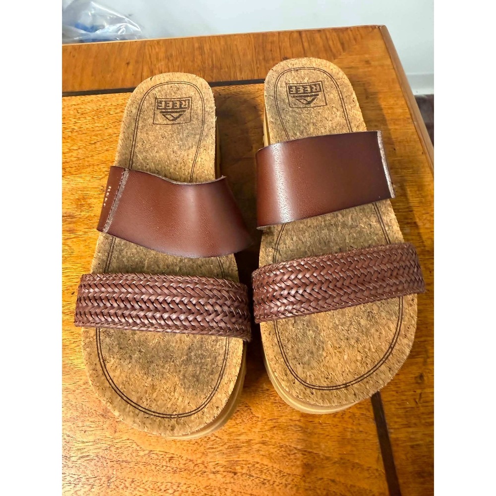 Reef Womens 8 Brown Cushion Vista Hi Platform Slide Braided Strap Sandals